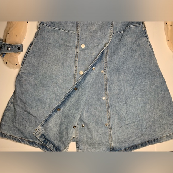 Denim Dress with Mesh See through Sleeves V neck Denim Dress - Picture 7 of 14